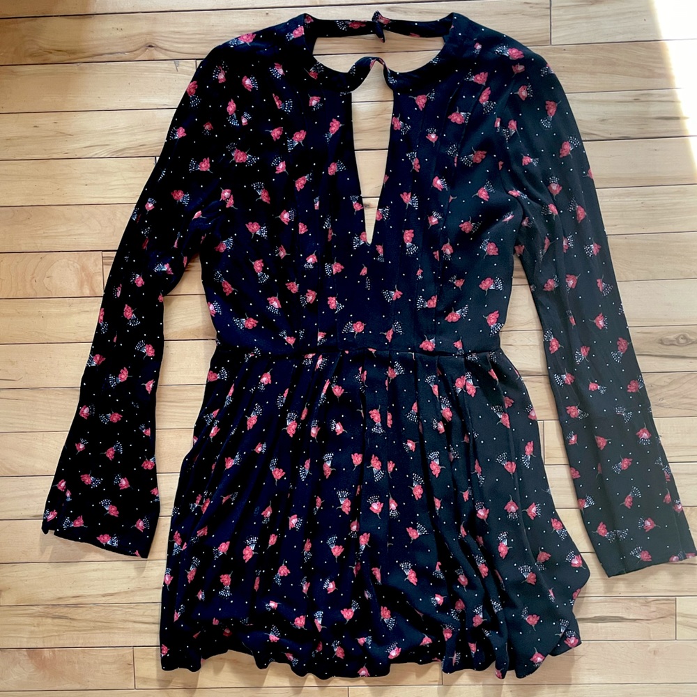 Free People, Teagan Bell Sleeve Floral Keyhole Mini Dress Black